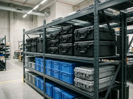 Neatly stacked professional equipment cases and supply boxes sit on metal industrial shelves in a bright warehouse.